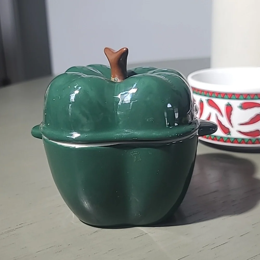 Stackable Red Chili Pattern Ceramic Mugs With Pepper Condiment Bowl - Picture 3 of 9